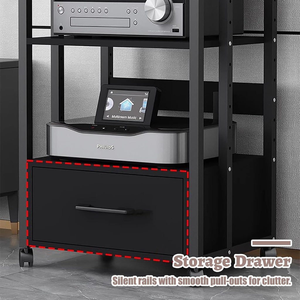 Record Player Audio Cabinet with Drawers & Sliding Wheel, Audio Rack Shelf Organizer for Onkyo Receiver, Equipment Console, Av Component Stand(B,Large)