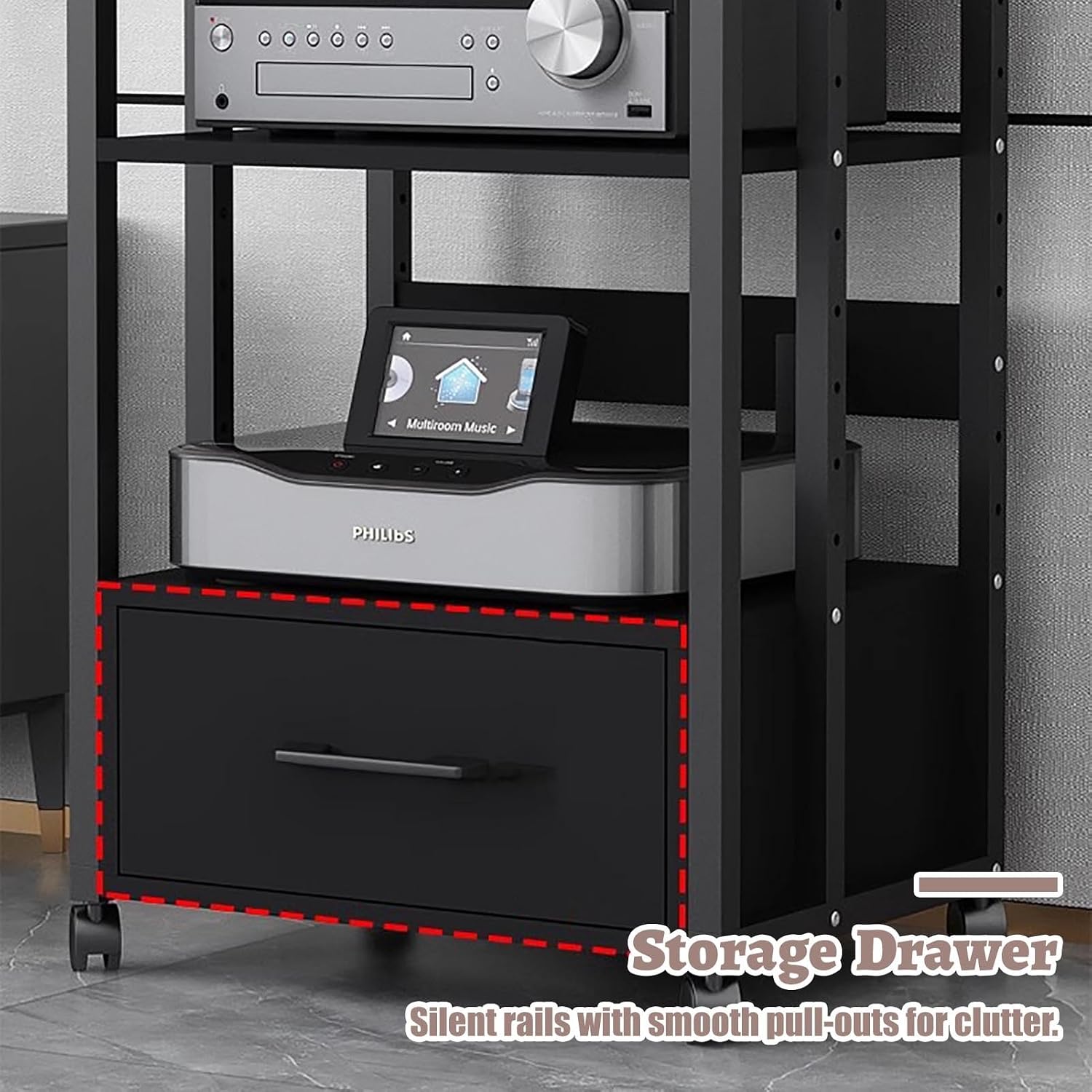 Record Player Audio Cabinet with Drawers & Sliding Wheel, Audio Rack Shelf Organizer for Onkyo Receiver, Equipment Console, Av Component Stand(B,Large)