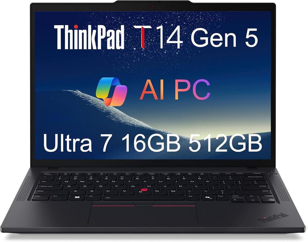 Lenovo ThinkPad T14 Gen 5 Business Laptop (14' FHD+, Intel Ultra 7 155U (>i7-13700H), 16GB DDR5 RAM, 512GB SSD), Fingerprint Reader, Backlit, 5MP Webcam, Ethernet, Wi-Fi 6E, Win 11 Pro, AI PC, Black
