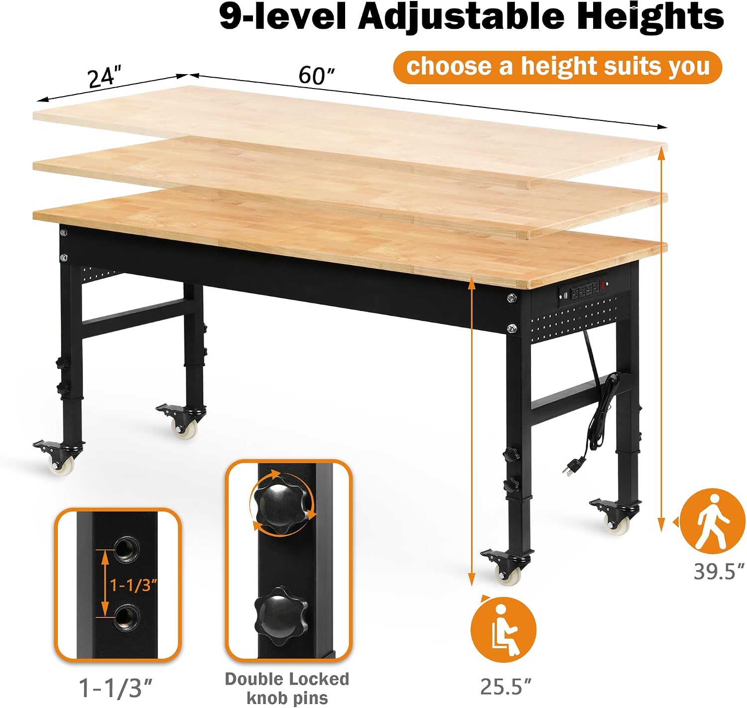 Betterhood 60' Adjustable Workbench on Wheels, Rubber Wood Heavy Duty Workstation with Power Outlets & Pegboard, 2000LBS Load Capacity Hardwood Worktable for Workshop, Garage, Office, Home, Commercial