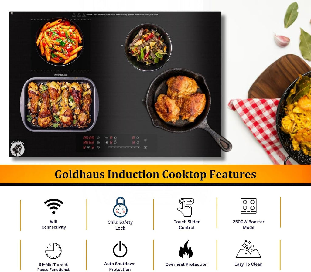 30' Induction Cooktop, 4 Burners, 2500W Boost, 9 Power Levels, Touch Slider, WiFi Control, Child Lock, Timer, Auto Shut-Off, Black Kanger Glass with Golden Border, Built-In 220-240V