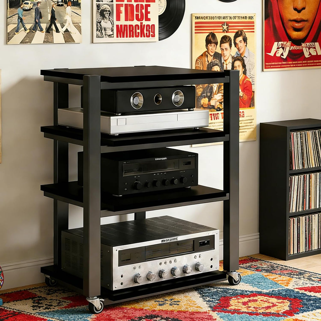 Heavy Duty Audio Component Rack, Wheels with 360° Brakes Av Media Stand, Black Cd Stereo Equipment Cabinet, Suitable for Home,Office/Audio Video/Theate(Black, 4 Tier)