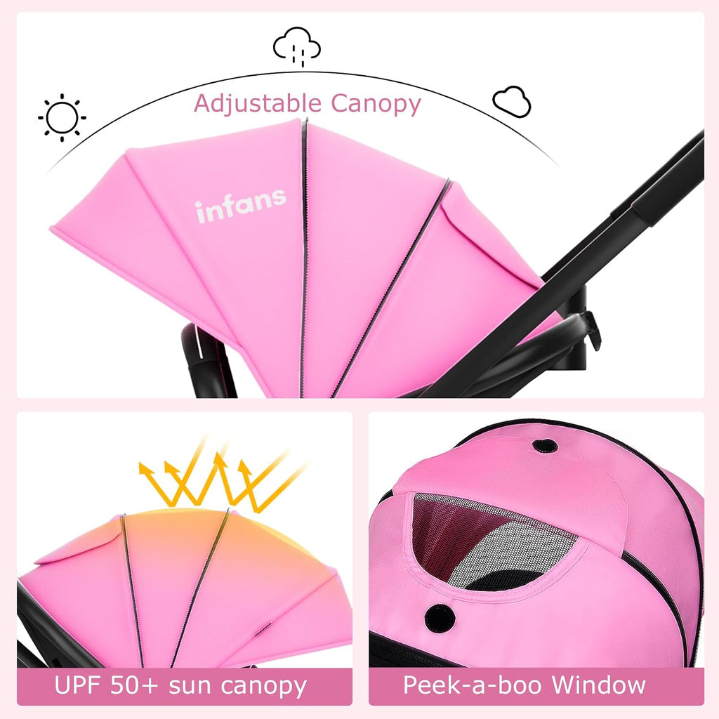 INFANS 2 in 1 Baby Stroller, High Landscape Infant Stroller & Reversible Bassinet Pram, Foldable Pushchair with Adjustable Canopy, Storage Basket, Cup Holder, Suspension Wheels (Pink)