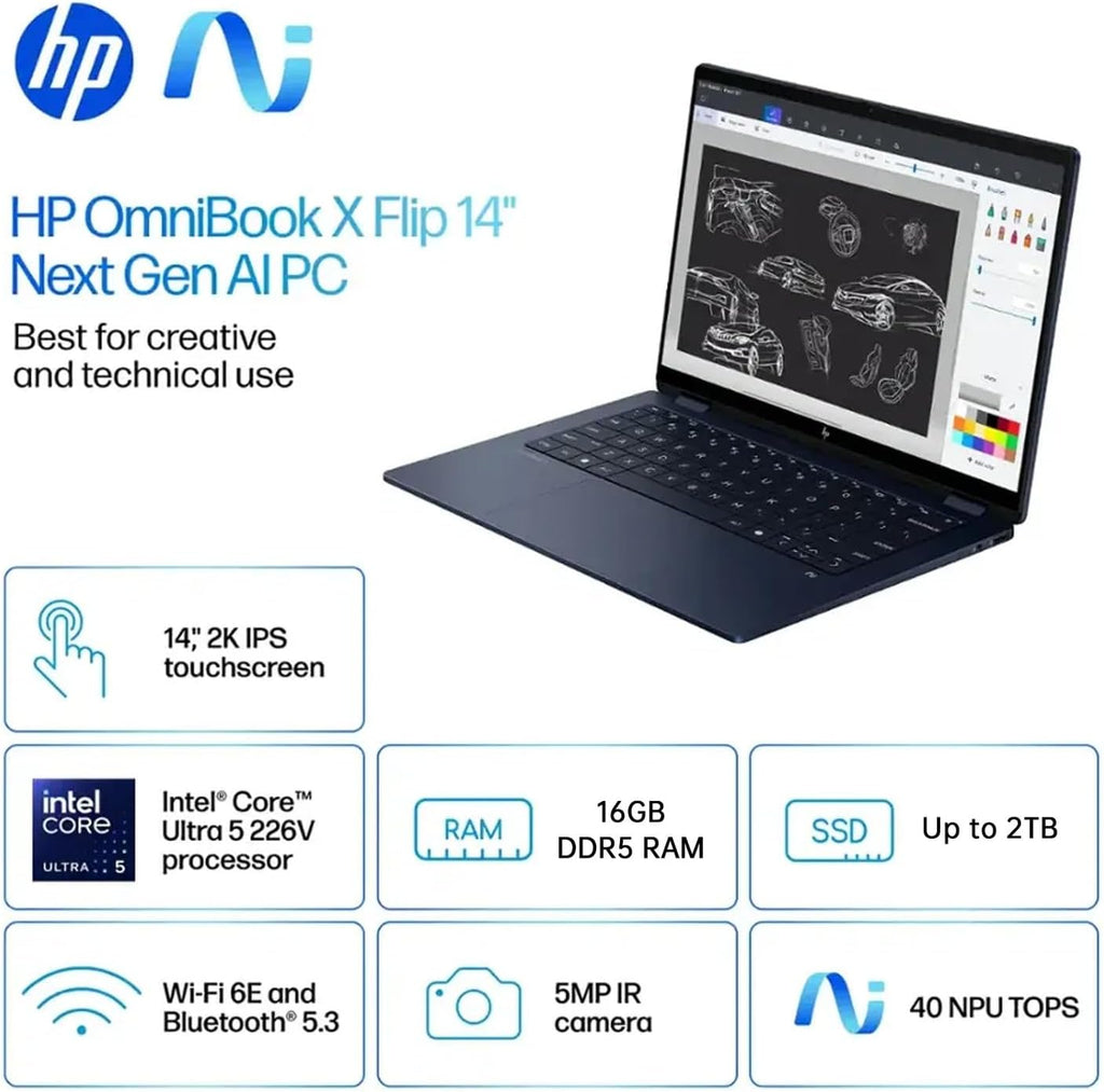 HP OmniBook X Flip 14 2-in-1 Laptop, Laptop Touchscreen 14' WUXGA IPS, Intel 8-core Ultra 5 226V, Intel Arc 130V GPU, 16GB RAM 1TB SSD, Thunderbolt 4, Windows 11 Home
