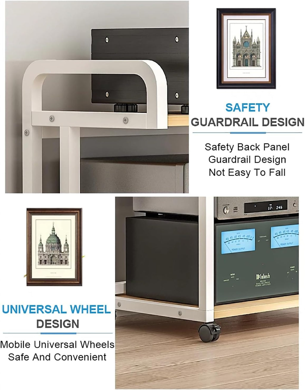 Movable Corner Storage Shelf with Wheels - 3/4/5 Tier Audio Rack for Amplifiers & Media - Floor-Standing Shelving Unit for Living Room, Gaming & Recording Room (Walnut, 50x40x111cm)