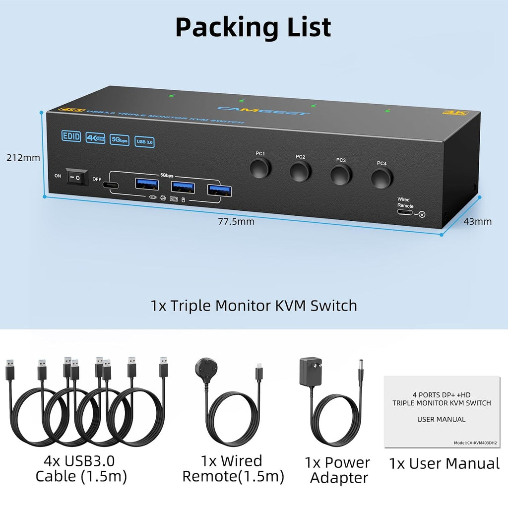KVM Switch 2 Monitors 1 Laptop and 1 Desktop 4K@60Hz,Camgeet USB C HDMI Dual Monitor KVM Switch with 4 USB3.0 Ports for Keyboard Mouse,80W PD Charging,Wired Remote,USB-C Cable and 12V Adapter Included