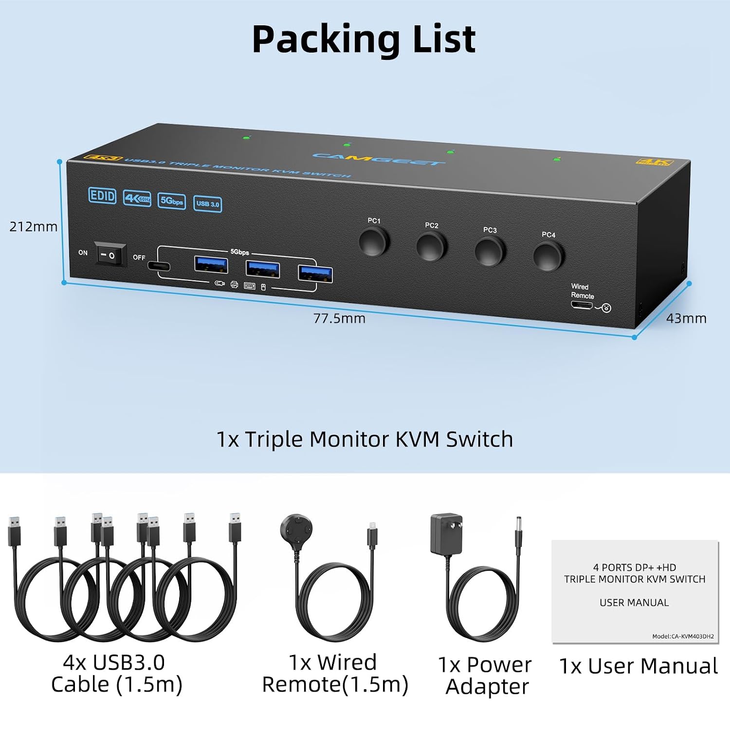 KVM Switch 2 Monitors 1 Laptop and 1 Desktop 4K@60Hz,Camgeet USB C HDMI Dual Monitor KVM Switch with 4 USB3.0 Ports for Keyboard Mouse,80W PD Charging,Wired Remote,USB-C Cable and 12V Adapter Included