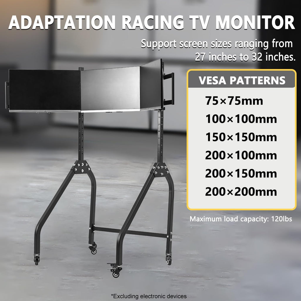 Marada Sim Racing Triple Monitor Stand with Wheels Compatible with 27/32-inch Displays Height and Tilt Adjustable, A-Frame Base for Flight & Driving Simulator Cockpit Rig
