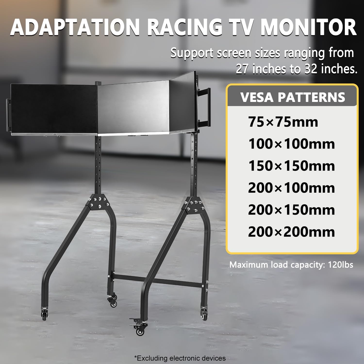 Marada Sim Racing Triple Monitor Stand with Wheels Compatible with 27/32-inch Displays Height and Tilt Adjustable, A-Frame Base for Flight & Driving Simulator Cockpit Rig