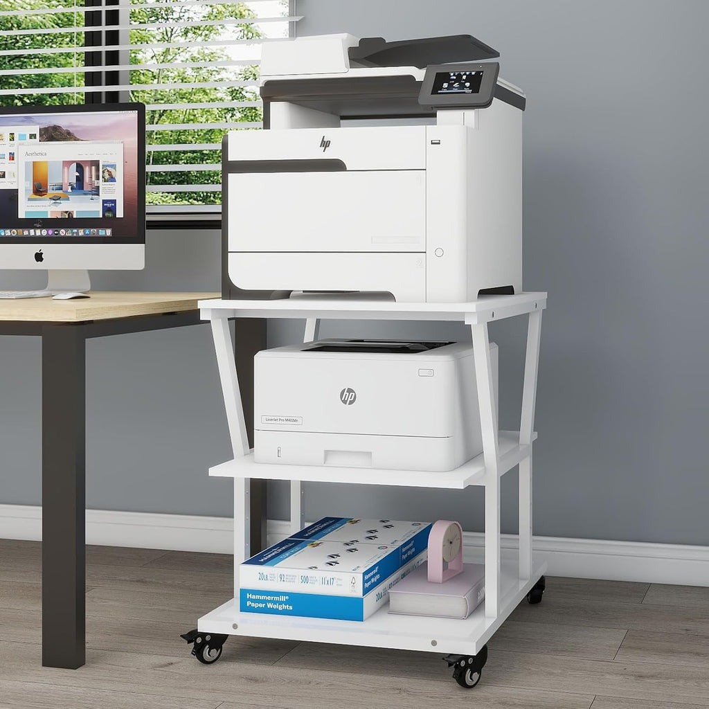 Natwind 3-Tier Large Printer Stand,23.6'x23.6'x29.5' Heavy-Duty Printer Table Cart with Paper Storage Shelf & Wheels,Ideal for Home Office Laser Printers, Copiers (White)