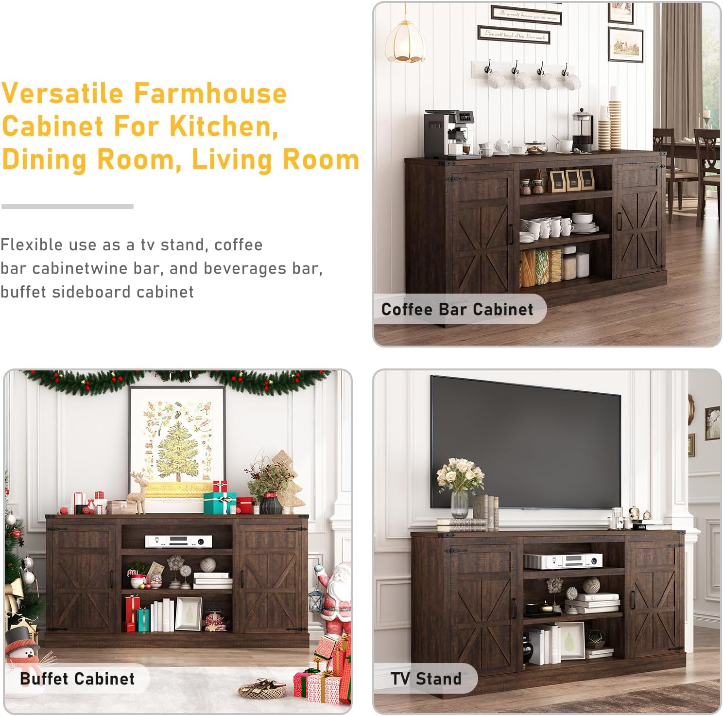 Hlivelood 66' Farmhouse TV Stand with Power Outlets for 75 Inch TVs, 33' Tall Entertainment Center with Storage Cabinets w/Adjustable Shelves, Rustic Large TV Media Console for Living Room, Brown