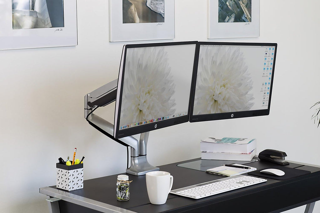 Mount-It! (MI-1772) Dual Monitor Arm Mount Desk Stand Two Articulating Gas Spring Height Adjustable Arms | Fits Up To 32' VESA 75 100 Compatible Screens | C-Clamp and Grommet Bases (Silver)