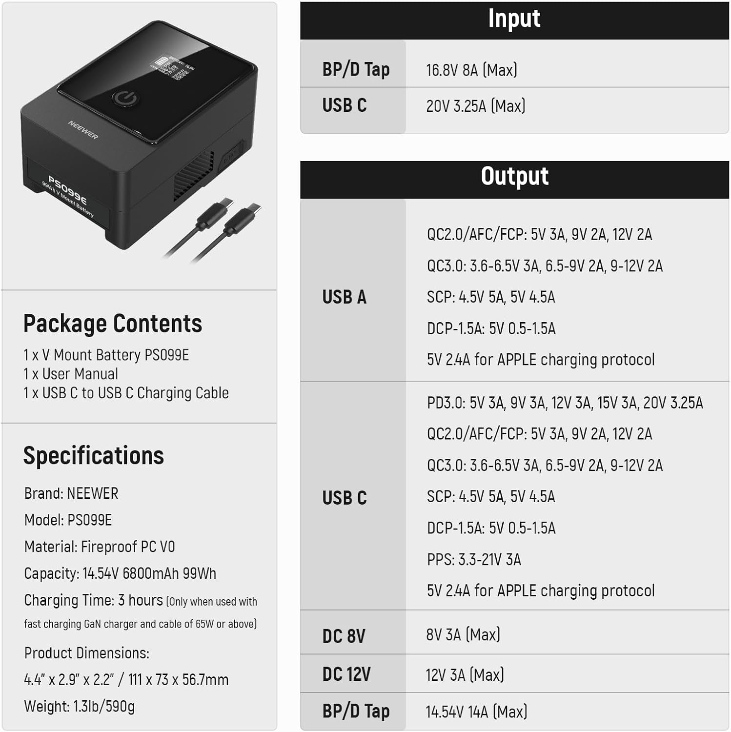 NEEWER V Mount Battery PS099E with Type C Cable, 6800mAh 99Wh 14.5V Mini V Lock with OLED Display, Fast Charging 65W PD USB C, D Tap/BP/USB A/DC Output for Video Camera Monitor Camcorder Filmmaking