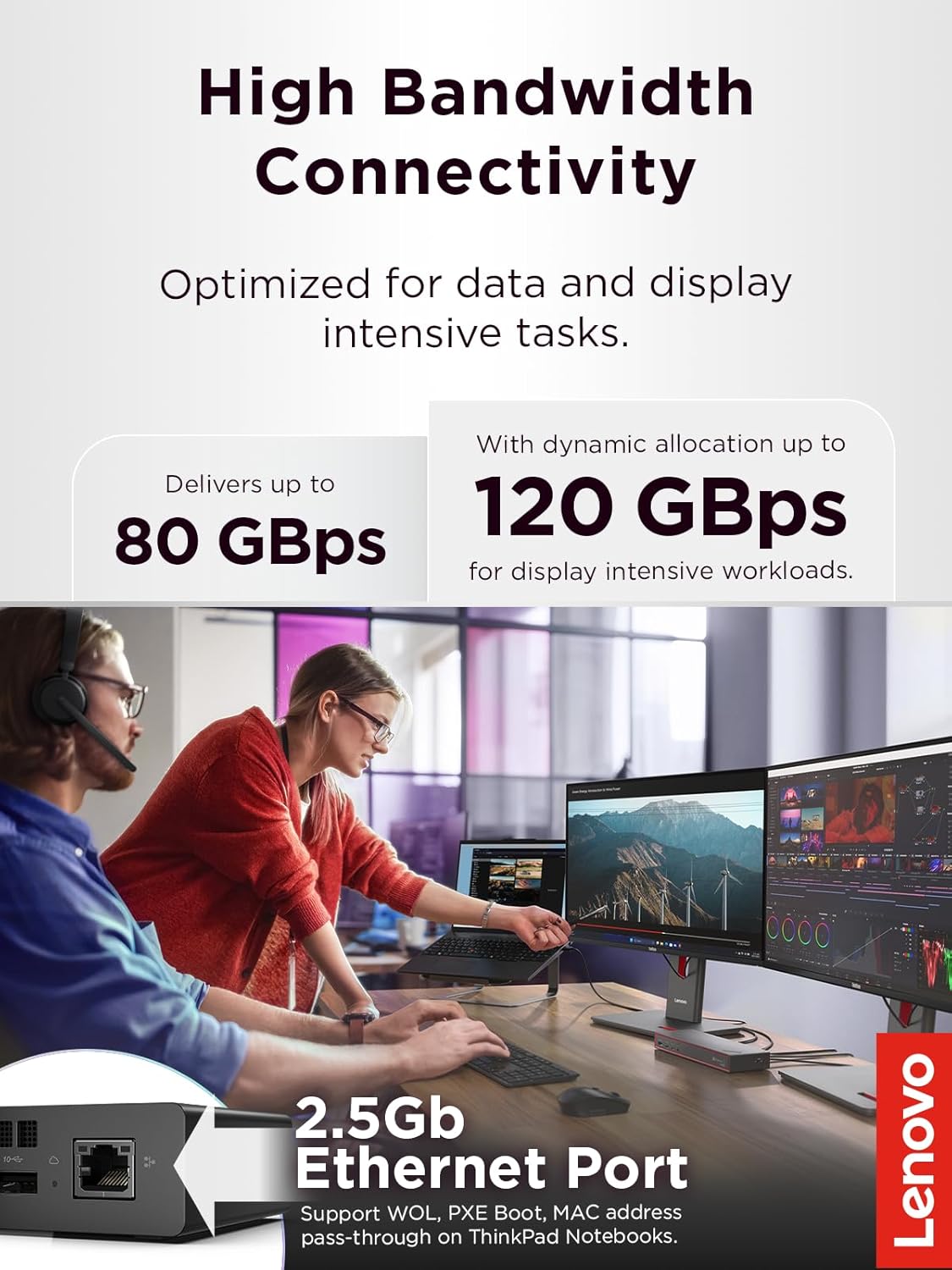 Lenovo ThinkPad Thunderbolt 5 Smart Dock 7500, 120Gbps Data Transfer, 180W Power Delivery, Multiple Display Support, 2.5Gbps Ethernet, Black