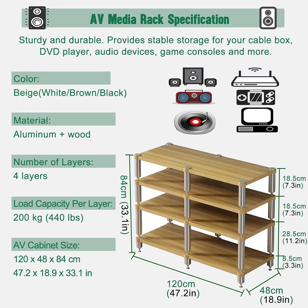 Home Theater AV Display Rack Heavy Duty, Audio Component Cabinet/Media Stereo Stand Equipment Shelf, 2 3 4 Tier Wooden Audio Equipment Organizer Shelf(White,120x48x84cm)