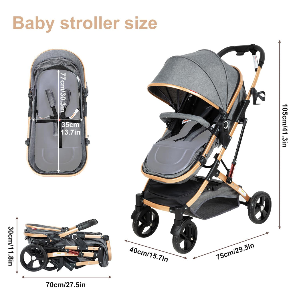2 in 1 Baby Stroller Newborn Stroller Foldable Convertible Infant Stroller Pushchair Folding High Landscape Infant Carriage,Toddler Pushchair Gray Baby Stroller