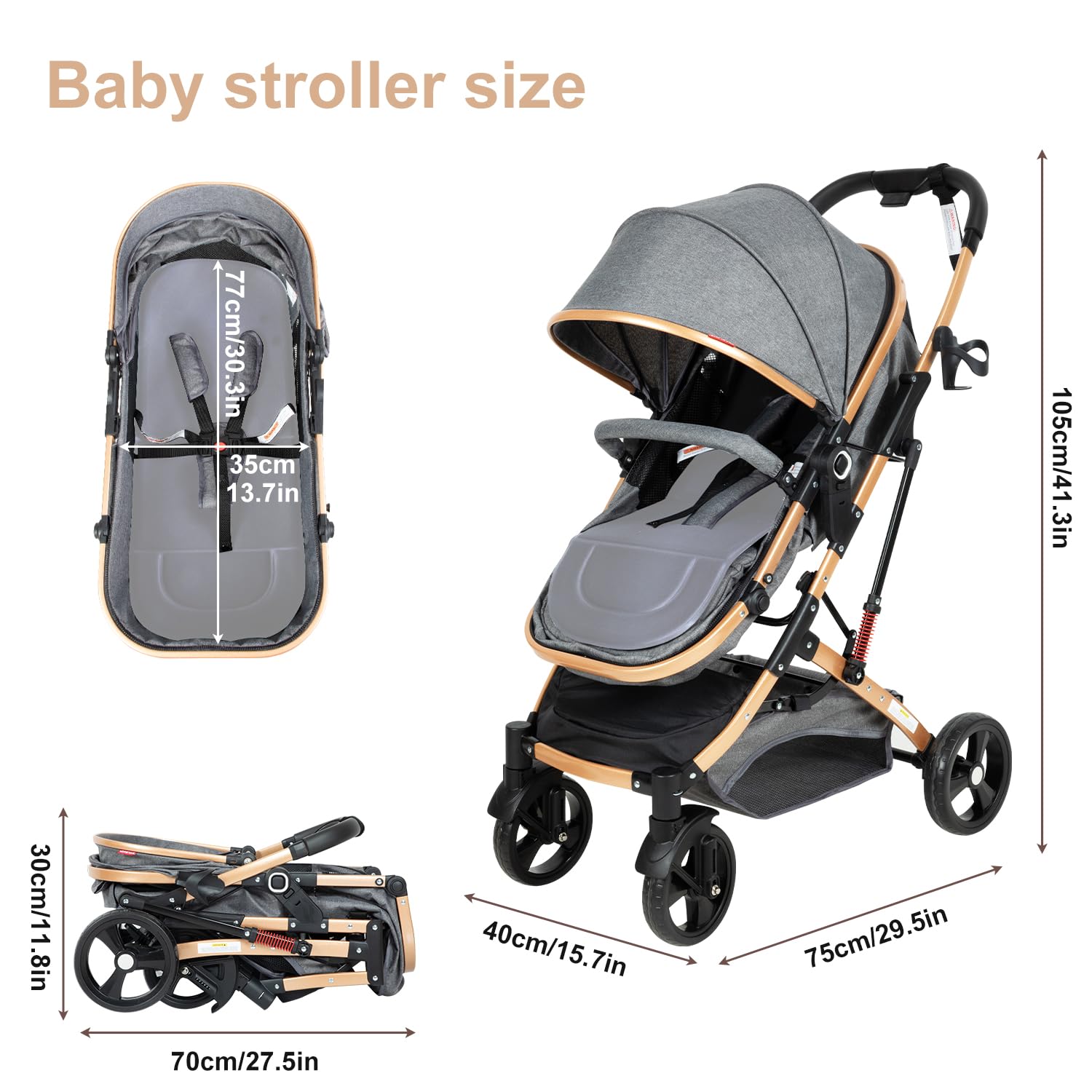 2 in 1 Baby Stroller Newborn Stroller Foldable Convertible Infant Stroller Pushchair Folding High Landscape Infant Carriage,Toddler Pushchair Gray Baby Stroller