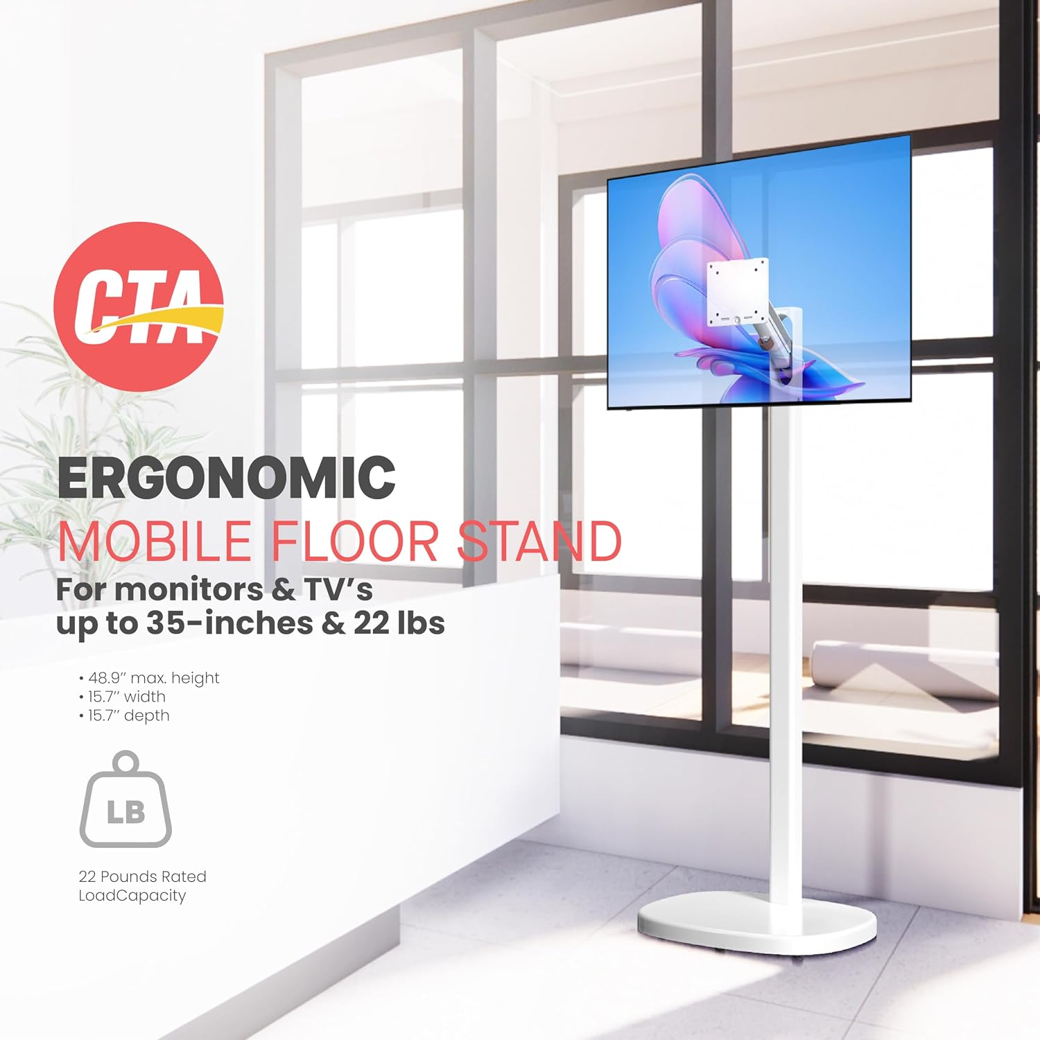 CTA Ergonomic Floor Stand For Monitors & TV's Up To 35-inches & 22 lbs - Mobile Stand With Anti-Knockdown Base & Height Adjustable - Commercial Grade - (ADD-MSADFS)
