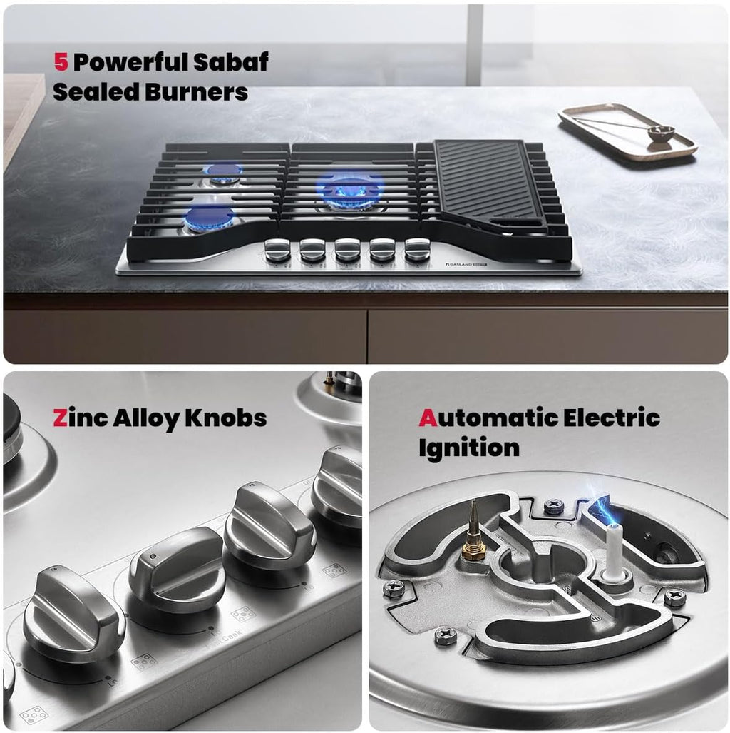 GASLAND Master 36 Inch Heavy Duty Gas Cooktop with Griddle PRO GH3905SS1FC with 5 Burners,CSA certified, 120V Plug-in, NG/LPG Convertible