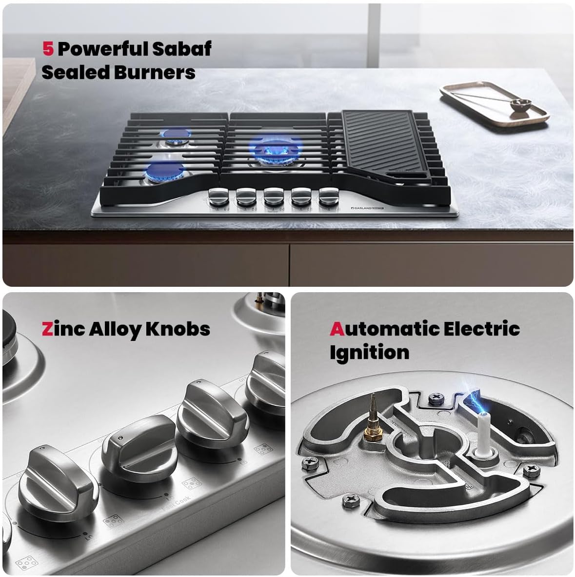 GASLAND Master 36 Inch Heavy Duty Gas Cooktop with Griddle PRO GH3905SS1FC with 5 Burners,CSA certified, 120V Plug-in, NG/LPG Convertible
