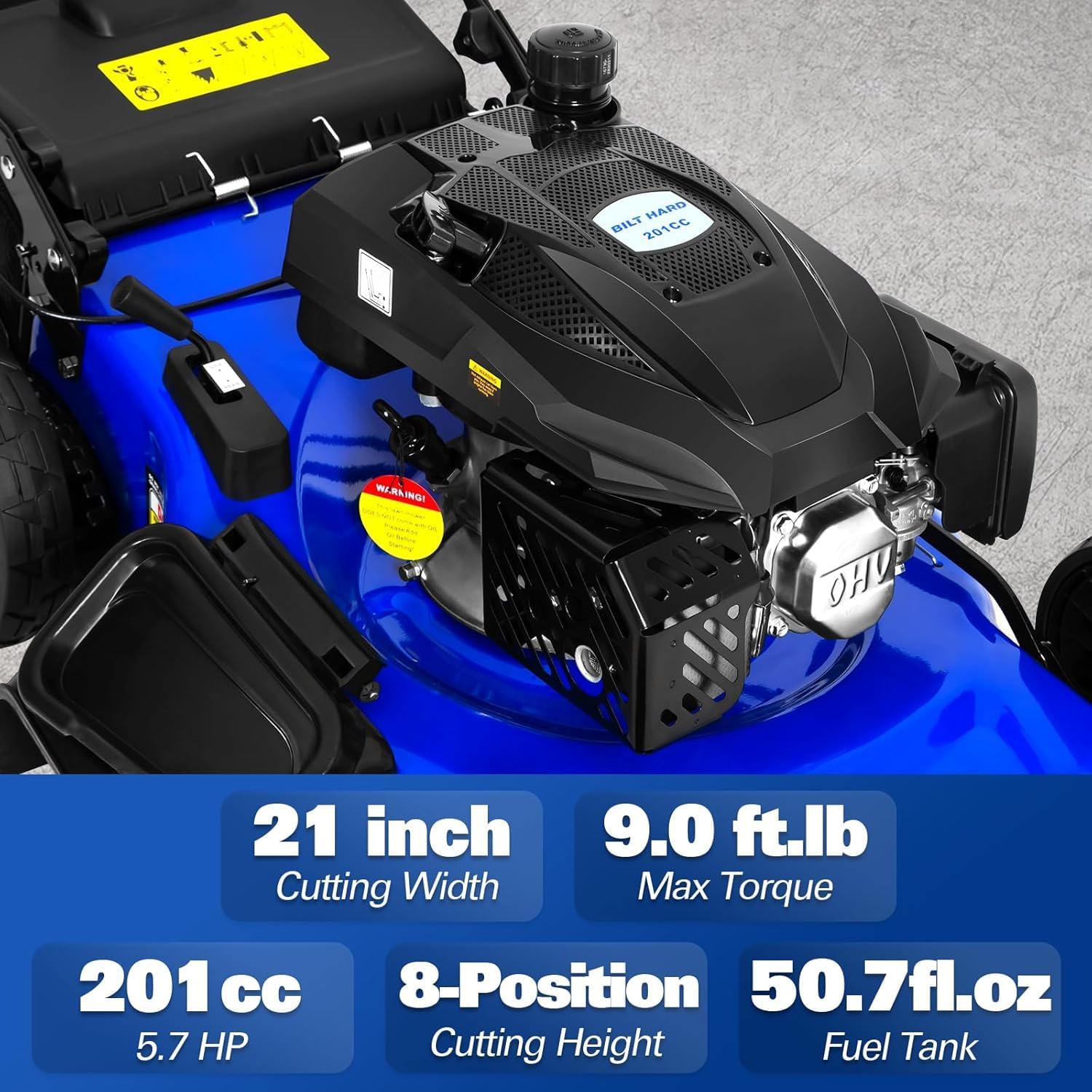 BILT HARD 21' Self Propelled Gas Lawn Mower – Powered by a 201cc 4-Cycle OHV Engine, 3-in-1 Functions (Bagging, Mulching & Side Discharge), 8-Position Cutting Height Adjustment, and Easy Start.