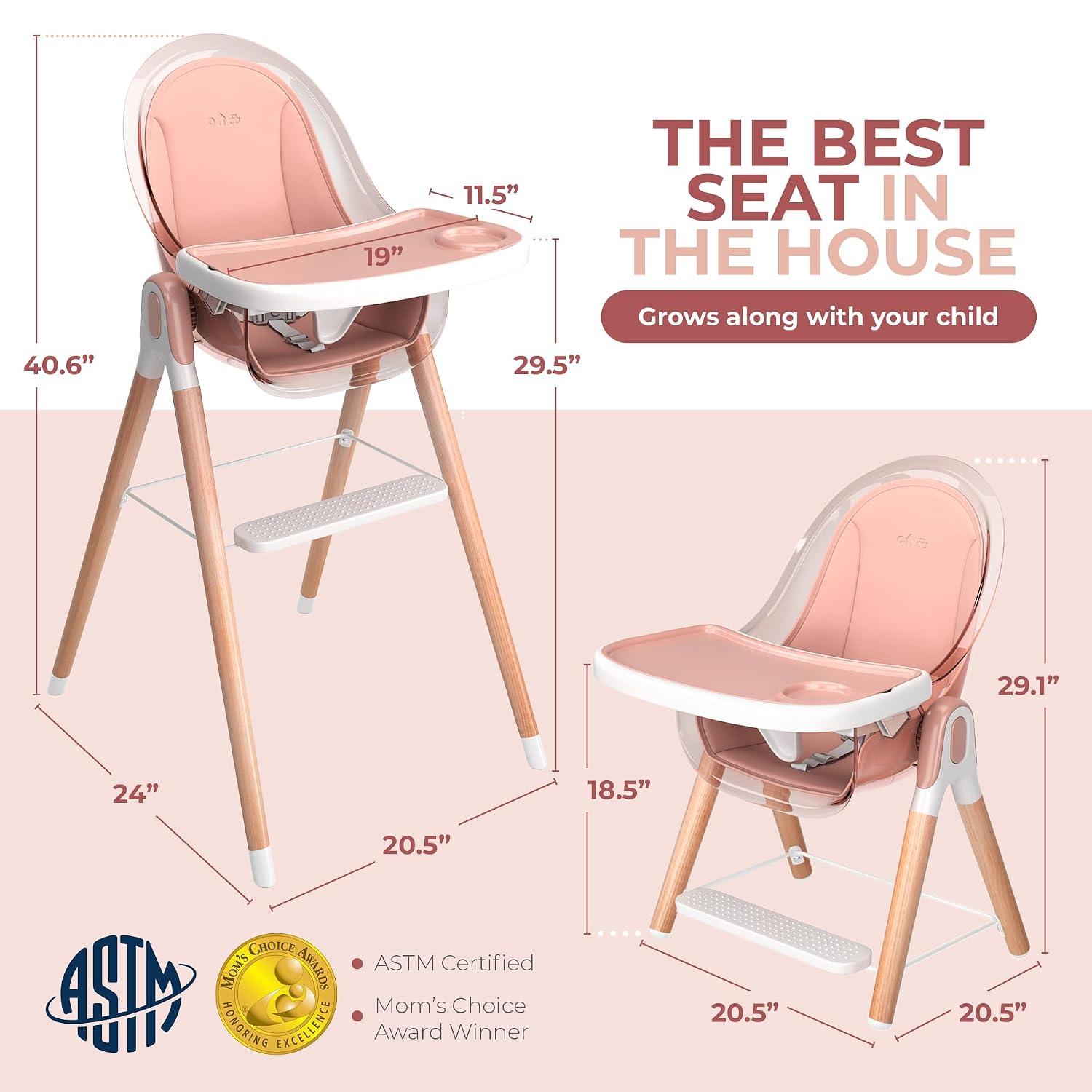 6 in 1 Deluxe Wooden High Chair for Babies & Toddlers Modern Safe Compact Baby Highchair, Easy to Clean, Removable Tray & Cushion, 6 Options 3 Seat Positions 2 Heights (Pink)