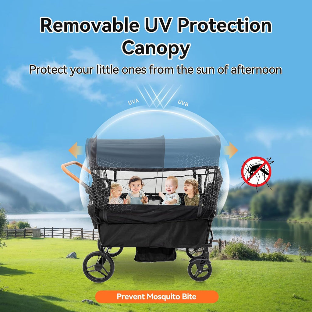 Voupou Stroller Wagon for 4 Kids Seated-Tandem Fold Stroller Push-Pull Lightweight Travel Trolley with 5-Point Harness,Adjustable Handle and Canopy,Mosquito Net,Footwells,Child Tray,Cup Holder,Storage