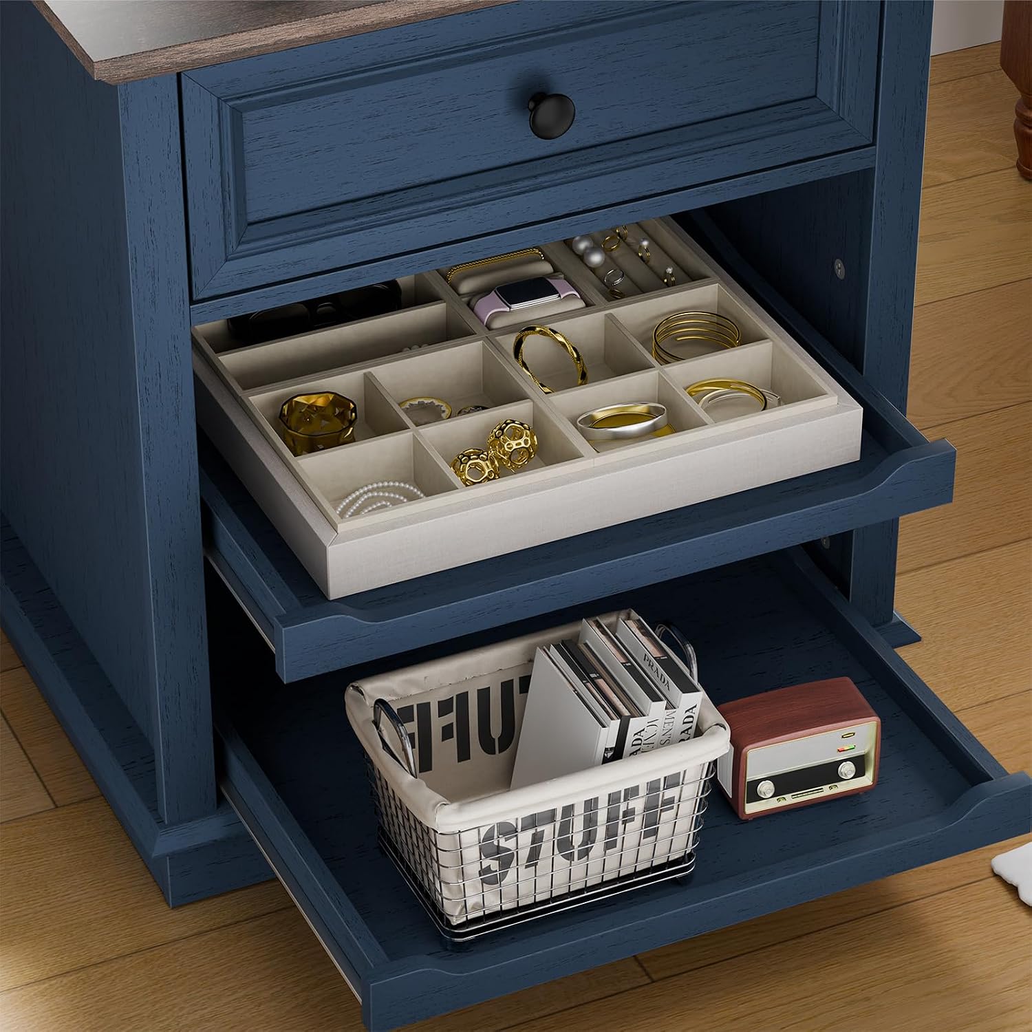 REDAYFUR Lateral File Cabinet 3 Drawer File Cabinet with Charging Station, Printer Stand with Open Adjustable Storage Shelves, Lateral Filing Cabinet for Home Office, Blue