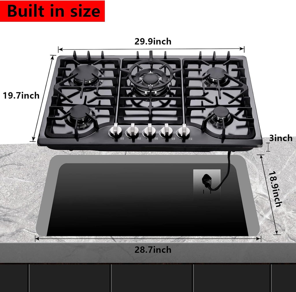 30 Inch Gas Cooktop, Built-in Stainless Steel Gas Stovetop 5 High Efficiency Burners Gas Stove LPG/NG Convertible Gas Hob (Black)