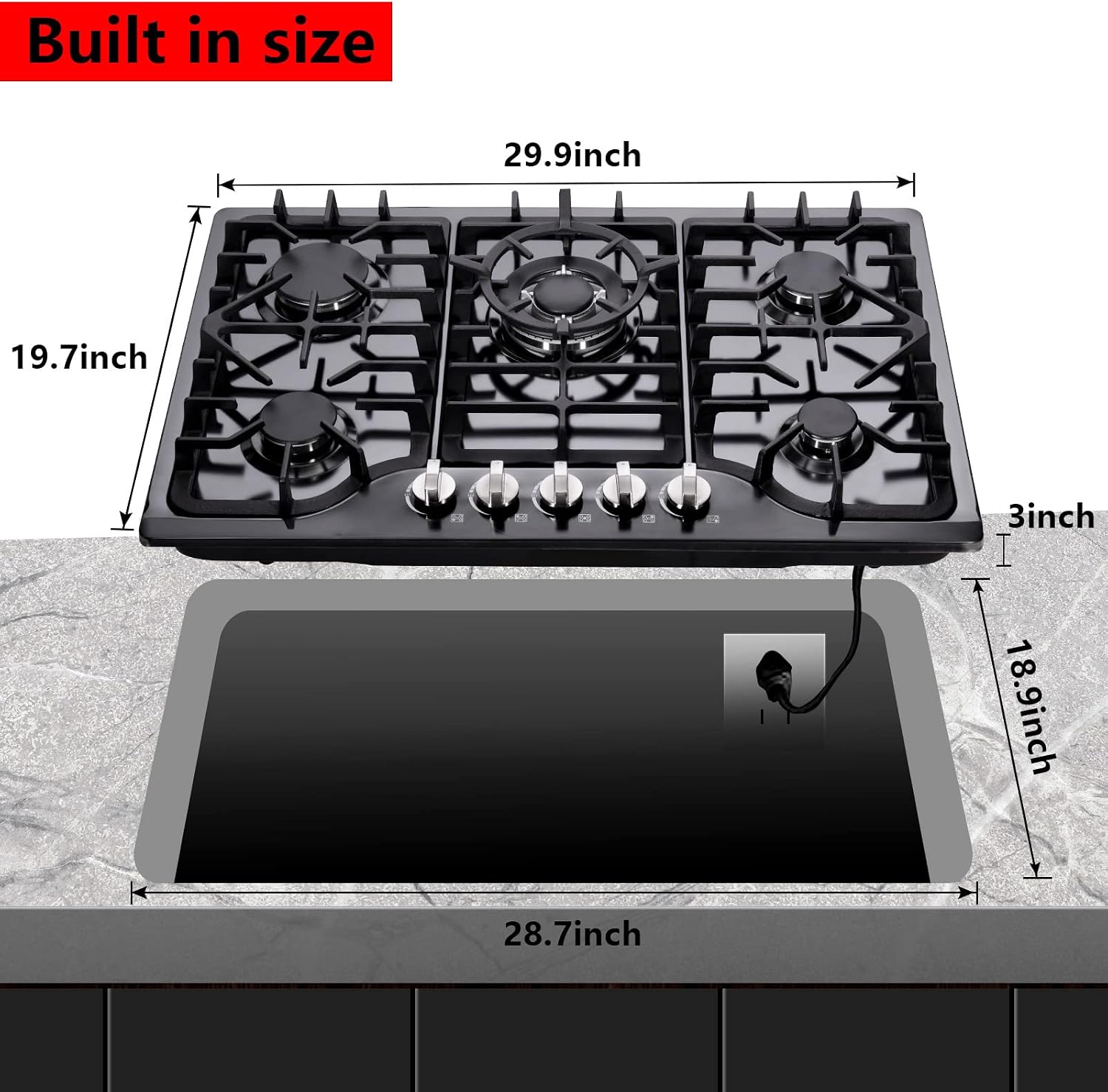30 Inch Gas Cooktop, Built-in Stainless Steel Gas Stovetop 5 High Efficiency Burners Gas Stove LPG/NG Convertible Gas Hob (Black)