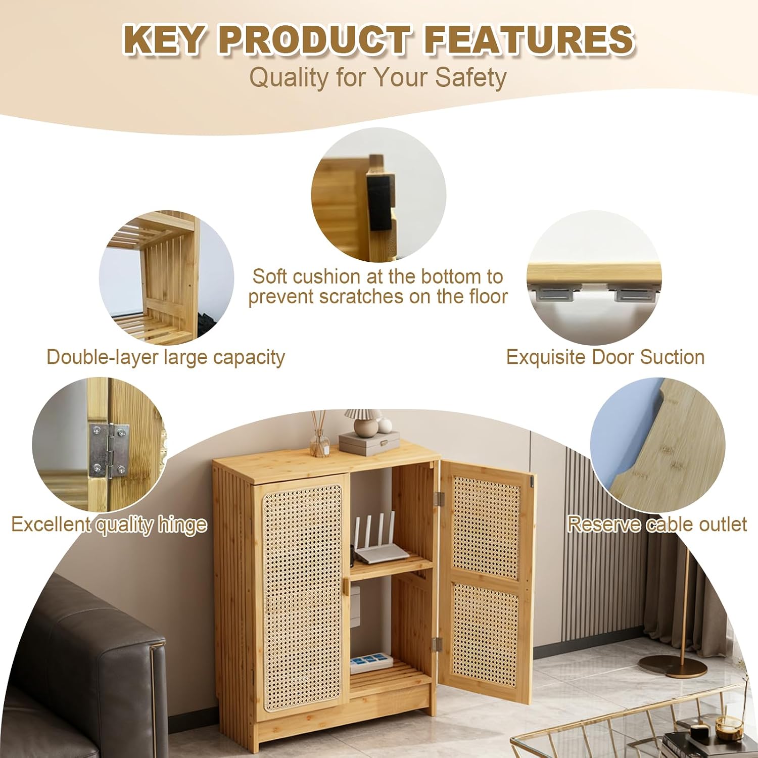 Jueraori WiFi Router Storage Cabinet with Adjustable Shelves, 2-Tier Bamboo Rattan Standing Modem Organizer Box for Home & Office, No Back Panel, 27.6' x 19.7' x 9.8'