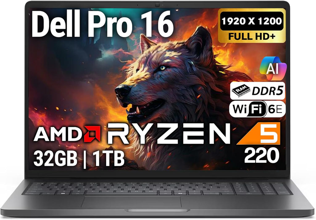 Dell Pro 16 FHD 16' Display Business Laptop, AMD Ryzen 5 220, 32GB DDR5 RAM, 1TB SSD PCIe, Backlit Keyboard, WiFi 6E + BT, RJ-45, HDMI, AI PC, HD Webcam, Windows 11 Pro - Magnetite Black