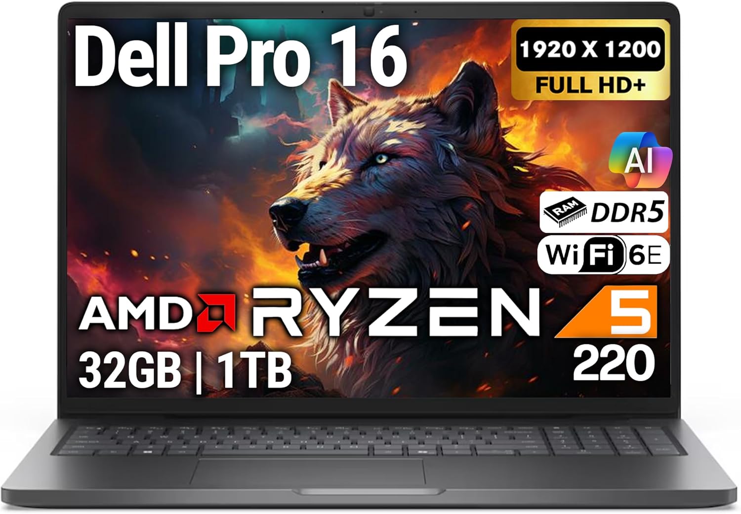 Dell Pro 16 FHD 16' Display Business Laptop, AMD Ryzen 5 220, 32GB DDR5 RAM, 1TB SSD PCIe, Backlit Keyboard, WiFi 6E + BT, RJ-45, HDMI, AI PC, HD Webcam, Windows 11 Pro - Magnetite Black