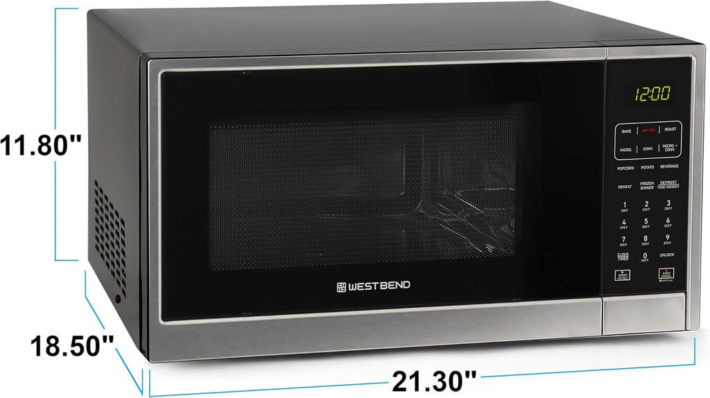 West Bend 3-in-1 Microwave Air Fryer Convection Oven 1000-Watts with 10 Power Levels and 12 Presets, Speed Defrost, Electronic Control Panel and Glass Turntable, 1.3-Cu.Ft., Stainless Steel