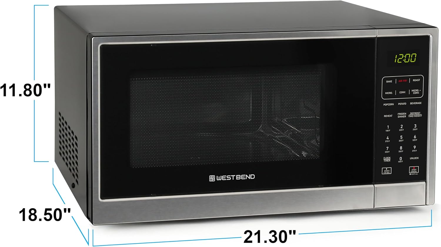 West Bend 3-in-1 Microwave Air Fryer Convection Oven 1000-Watts with 10 Power Levels and 12 Presets, Speed Defrost, Electronic Control Panel and Glass Turntable, 1.3-Cu.Ft., Stainless Steel