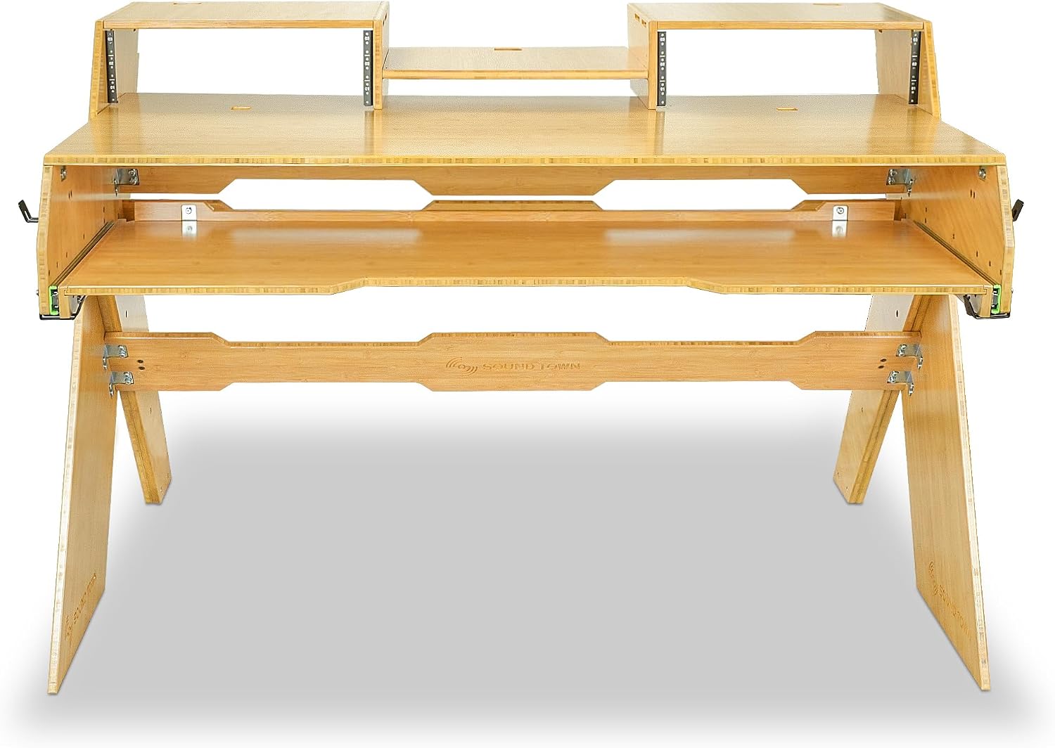 Sound Town Studio Workstation Desk with 3 x 3U Rack Bays, Adjustable Top Shelf, Slide-Out Controller Keyboard Tray, Solid Carbonized Bamboo (SDRK-PF60CB)