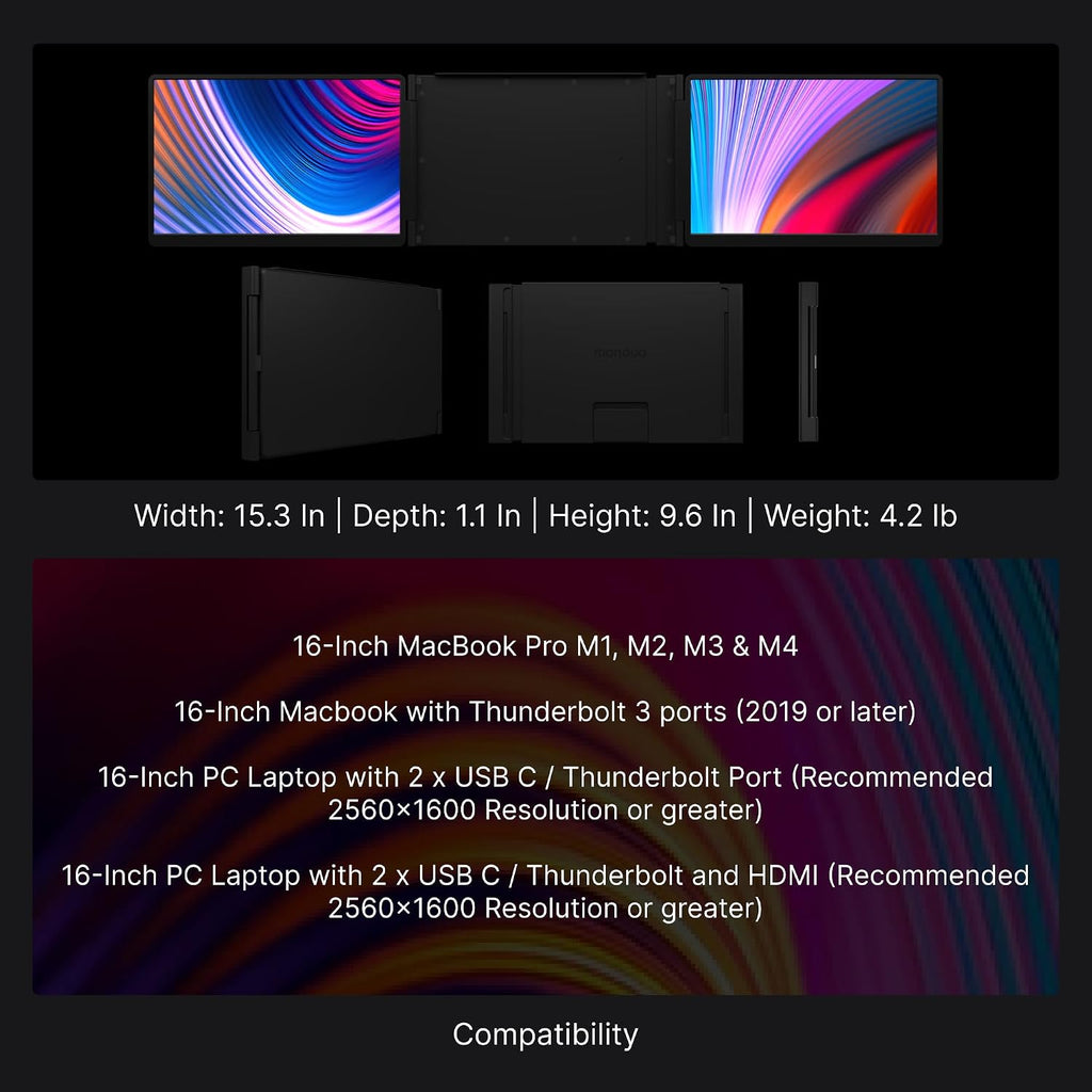 16' Pro Triple Laptop Screen Extender, Dual 16' 2k Portable Monitors, 144Hz, 100% DCI-P3, Compatible with 16' MacBook Pro M1, M2, M3, M4 & Windows Laptops, for Gaming, Creators, & Professional