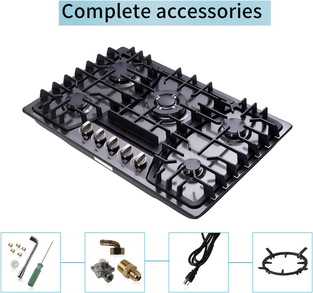 30 Inch Gas Cooktop, 5 Burners Built-in Stovetop, Stainless Steel LPG/NG Convertible Stove, Dual Fuel Sealed Hob - Black