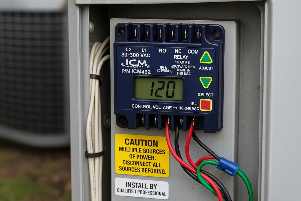 ICM Controls ICM492 Single Phase Voltage Monitor – 80-300 VAC, LCD Display, 5-Fault Memory, Over/Under Voltage & Diagnostics Protection