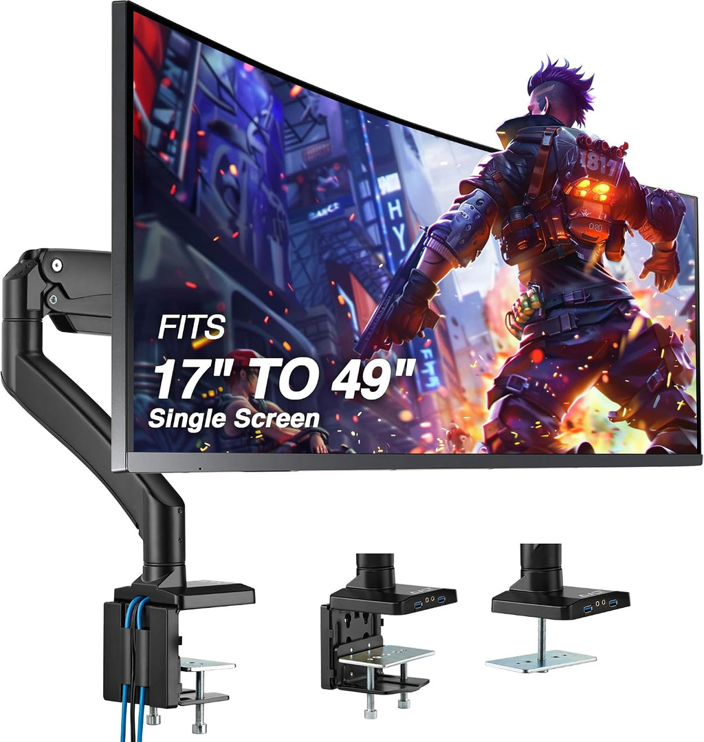 AVLT Single 17'-49' Super Ultrawide Monitor Arm Desk Mount for Screens up to 50 lbs, Premium Aluminum Stand, Adjustable Pneumatic Height, Full Motion Swivel Tilt Rotation, USB 3.0 & AUX Ports, Black