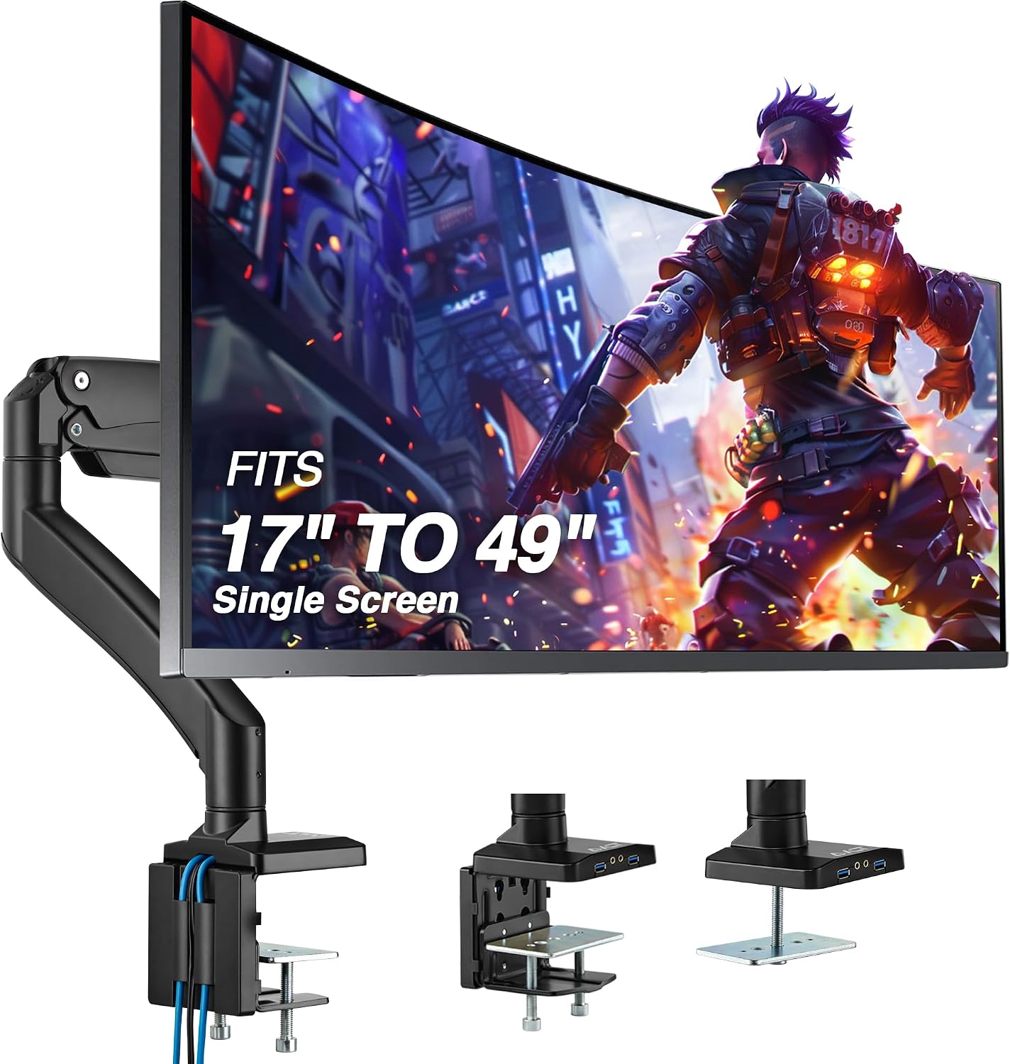 AVLT Single 17'-49' Super Ultrawide Monitor Arm Desk Mount for Screens up to 50 lbs, Premium Aluminum Stand, Adjustable Pneumatic Height, Full Motion Swivel Tilt Rotation, USB 3.0 & AUX Ports, Black