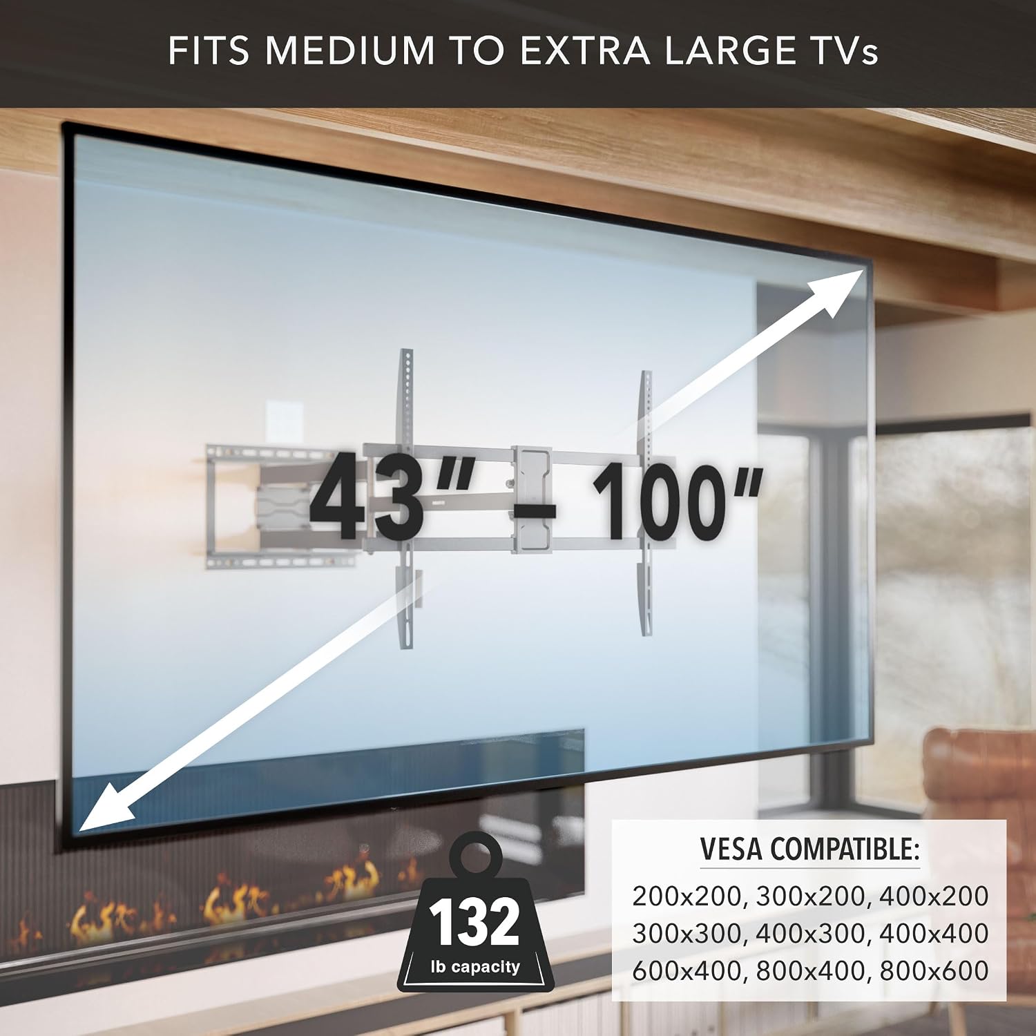 Mount-It! Long Arm Full Motion TV Wall Mount, Extra Long 42.5-Inch Extension, Heavy-Duty Dual Arm Articulating Mount for 43–100 Inch TVs, Swivel Tilt Corner Compatible, Max VESA 800x600, 132 lbs