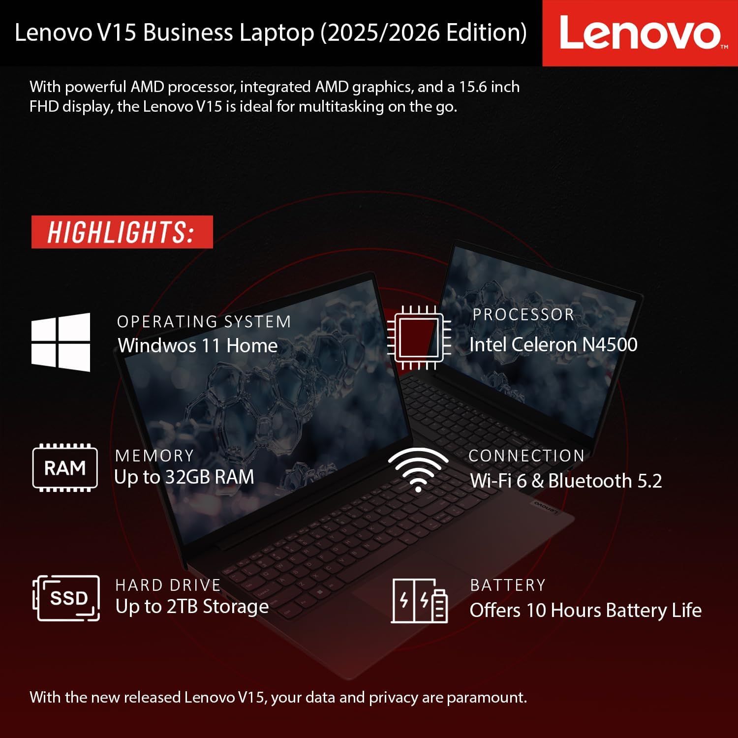 Lenovo Newly Released V15 Business Laptop(2025/2026 Edition) with Microsoft Office, Intel Powerful CPU, 16GB RAM, 1TB SSD, 15.6' FHD Display, Ultra Quiet Design, Long Battery Life, Windows 11, WOWPC