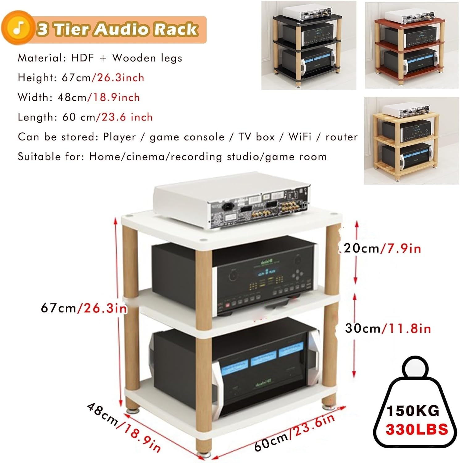 Media Storage Cabinet White, 3/4 Shelf Vertical Audio-Video Shelving with Wood Legs, Stereo Equipment Hoolder for Living Room/Theater Room/Home Cinema(48x60x67cm/18.9x23.6x26.3in)