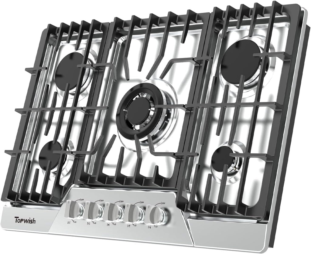 30 Inch Gas Cooktop, TOPWISH Gas Stove Top with 5 High Efficiency SABAF Burners, 41400 BTU, NG/LPG Convertible 304 Stainless Steel Built-in Propane Stovetop with Thermocouple Protection, 120V AC