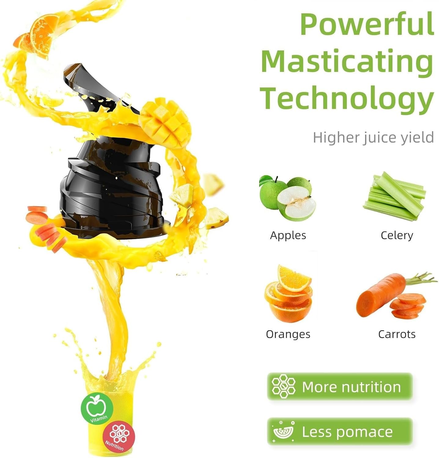 Cold Press Juicer with 78mm Feed Chute, 200W Motor, Slow Masticating Juice Extractor for Whole Fruits & Vegetables, Easy to Clean, Black