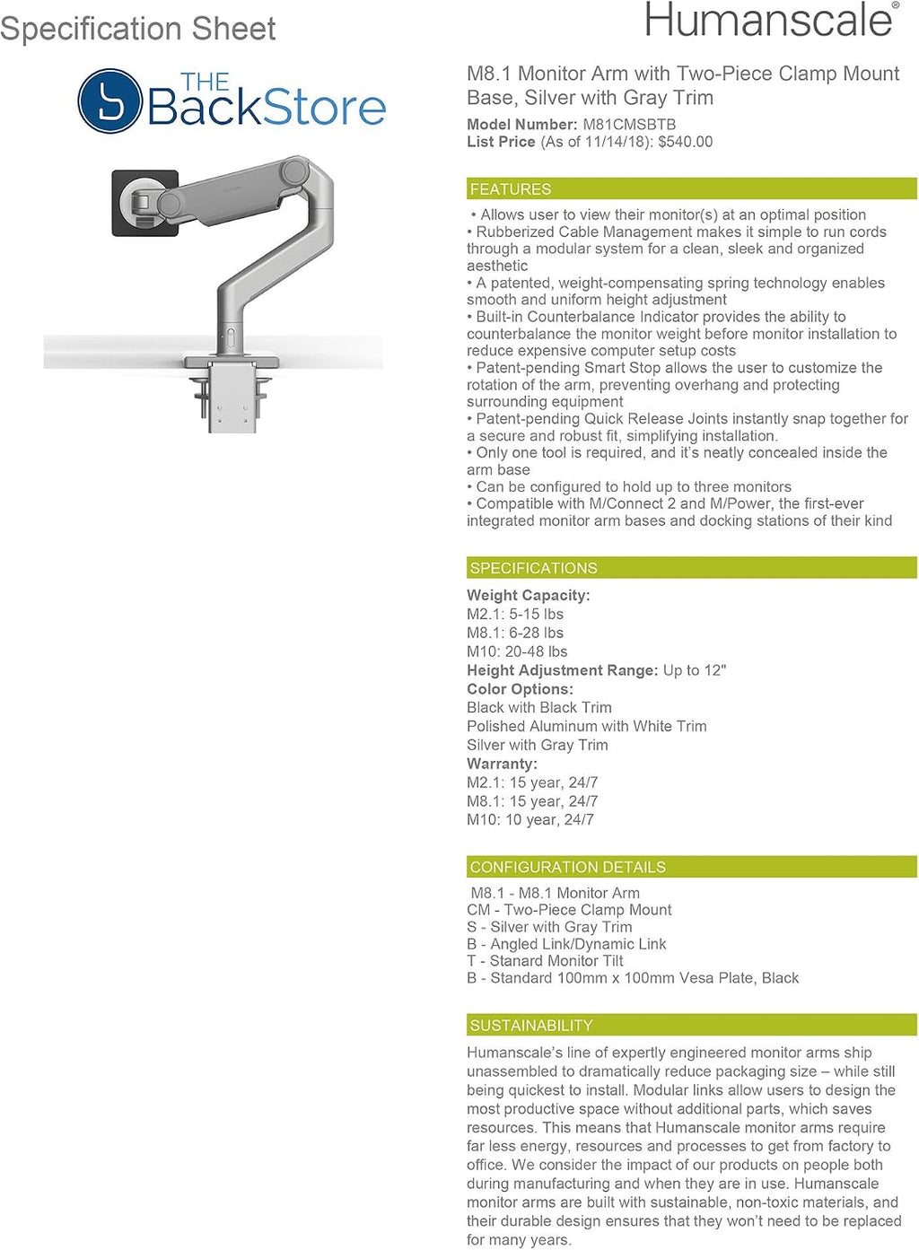 Humanscale M8.1 Adjustable Monitor Arm with Two Piece Clamp Mount and Base - Silver M81CMSBTB