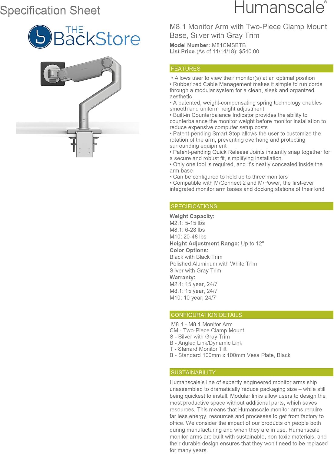 Humanscale M8.1 Adjustable Monitor Arm with Two Piece Clamp Mount and Base - Silver M81CMSBTB