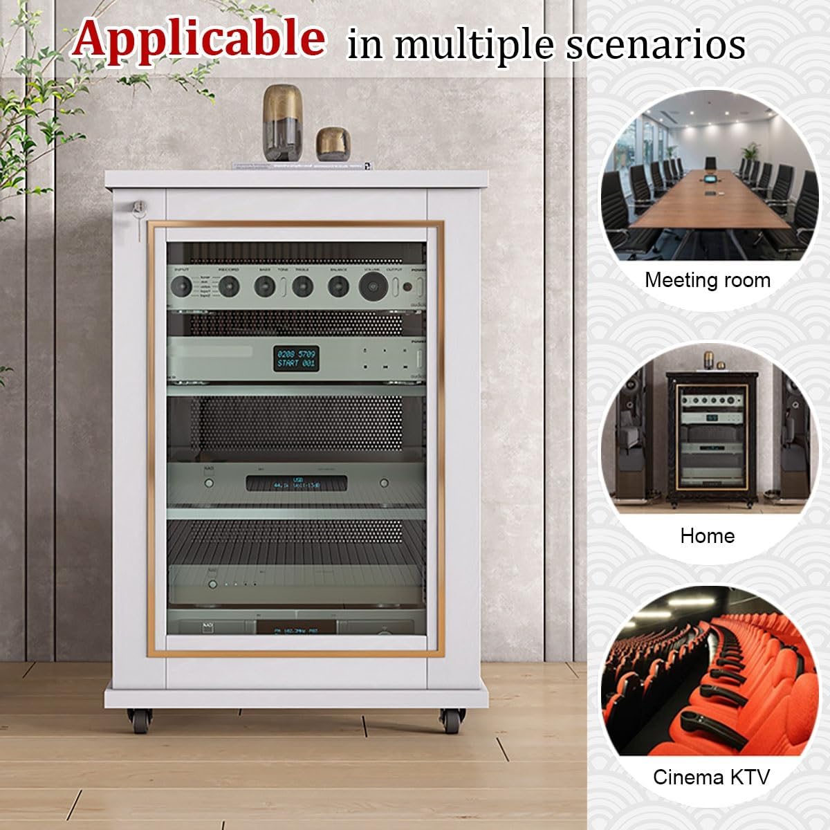 Stereo Cabinet, Stereo Racks And Stands With Storage Shelves, AV Component Media Stand, Wooden Storage Cabinet Entertainment Center Shelves Component, With Wheels Audio-Video Media Stand(Brown+Black,8