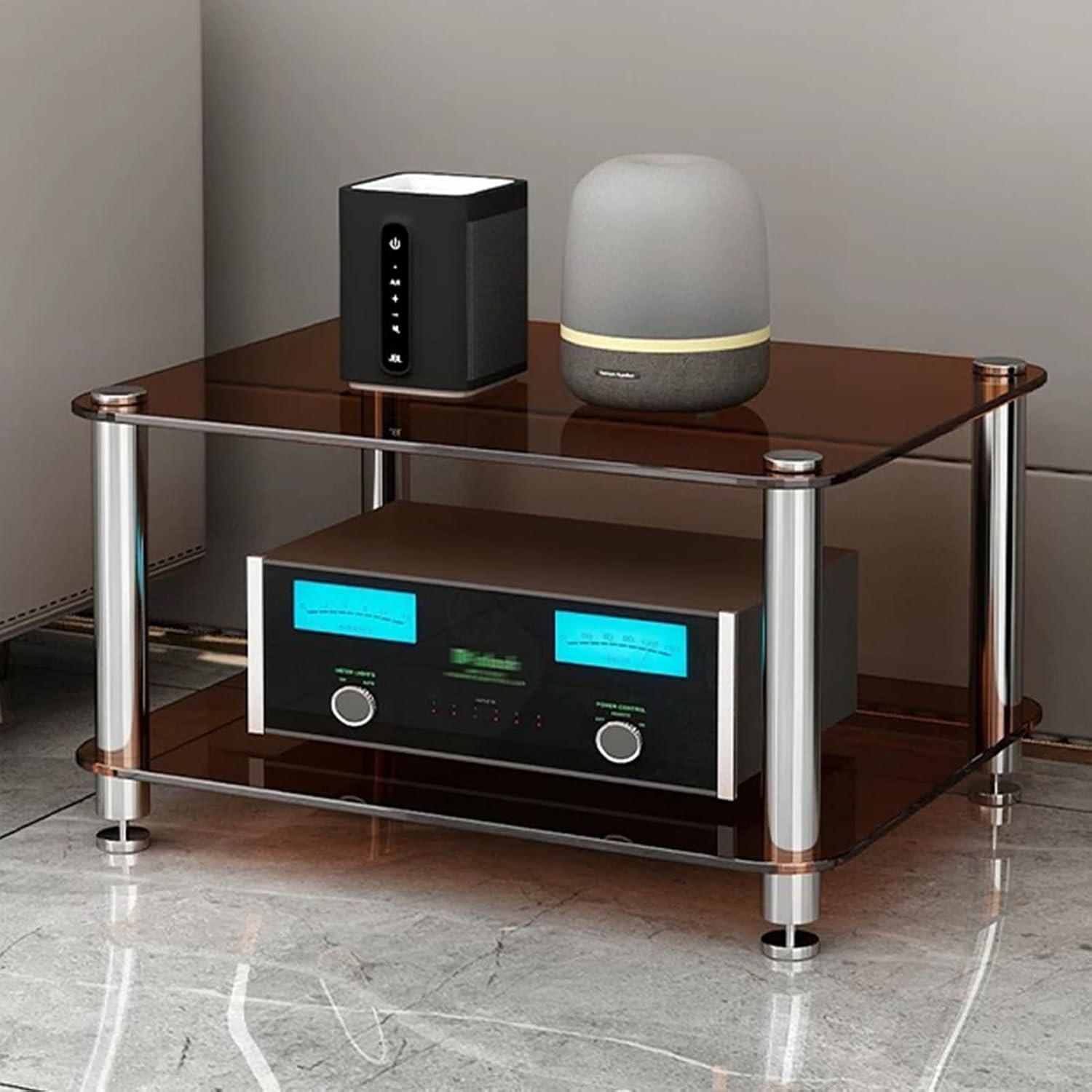 Multi-Layer Audio Rack & AV Media Stand with Tempered Glass, Stereo Storage Cabinet, Open Storage for TV & Media, Brown Finish (23.6x13.7/60x35cm)